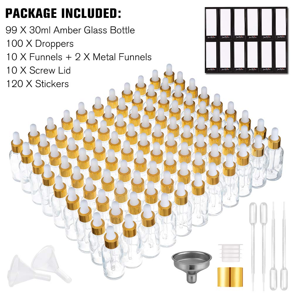 PrettyCare glass dropper bottles set of 99 with funnels and labels