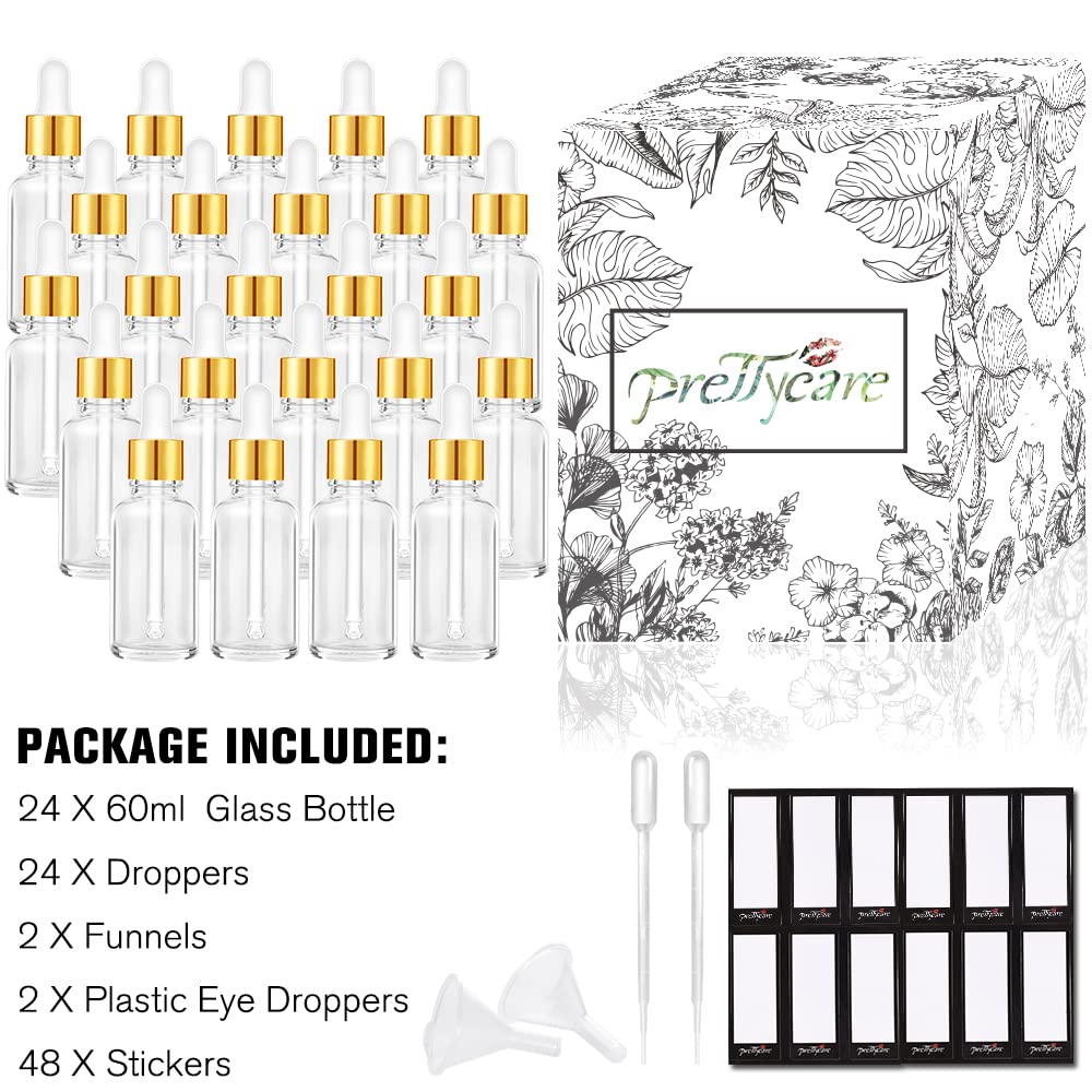PrettyCare glass dropper bottles with labels and funnels