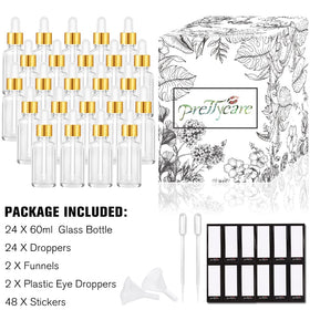 PrettyCare glass dropper bottles with labels and funnels