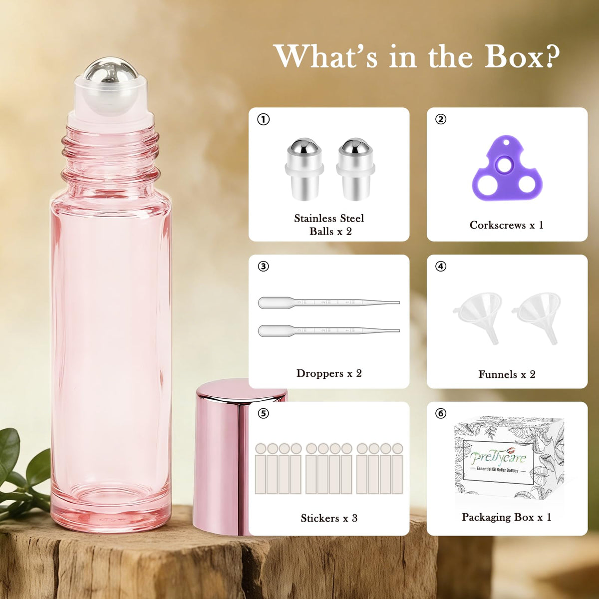 PrettyCare pink glass roller bottle with stainless steel roller ball