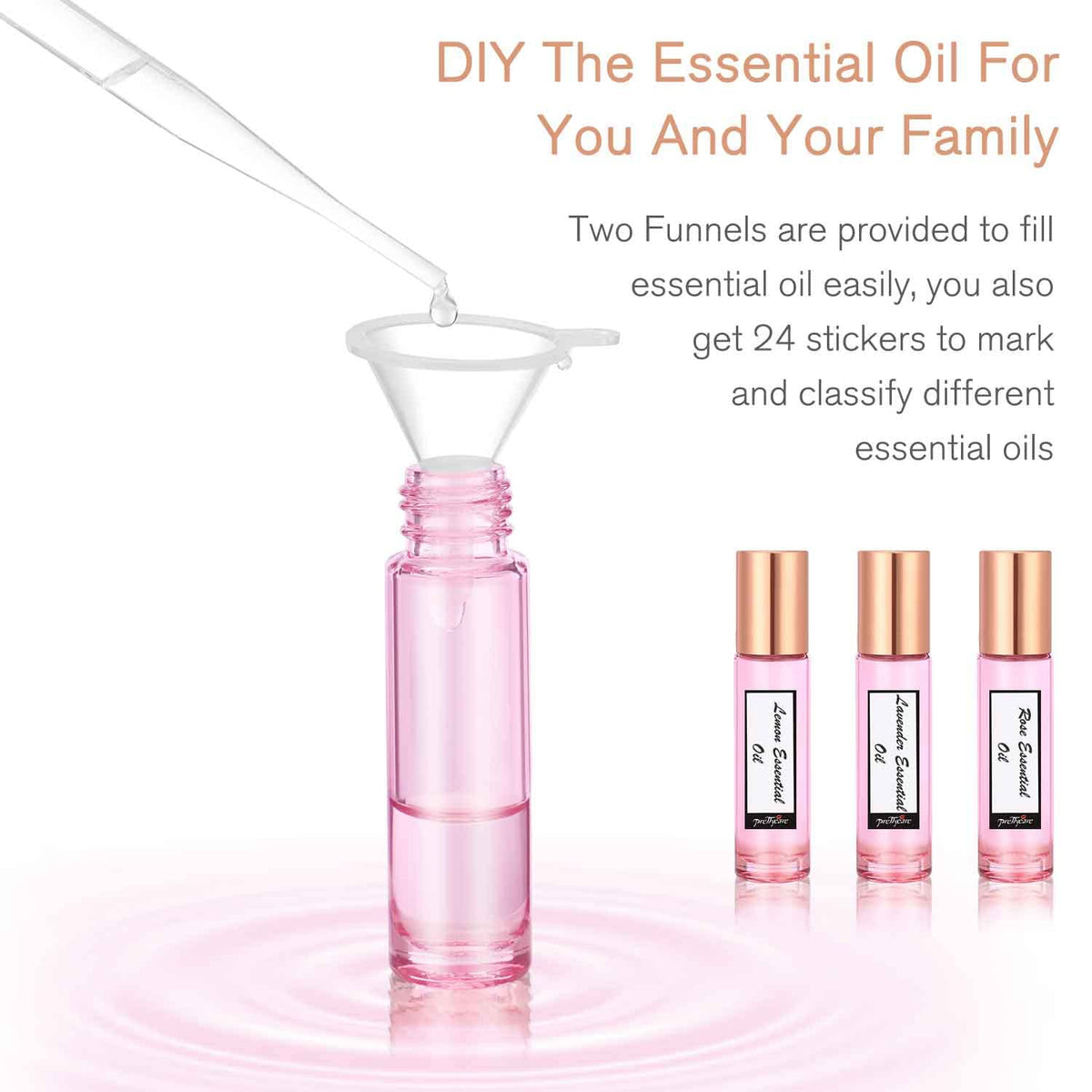 PrettyCare pink glass roller bottles in a travel bag