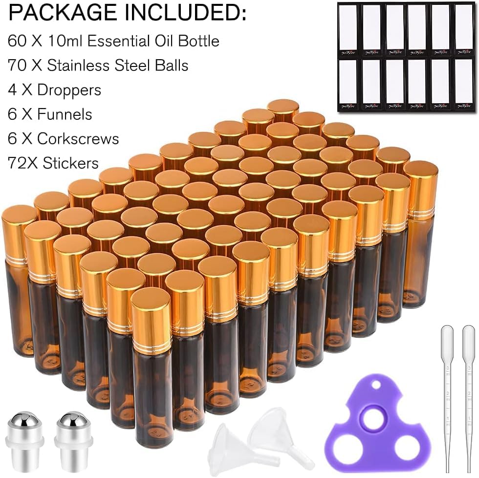 PrettyCare roller bottle being filled with essential oil using funnel