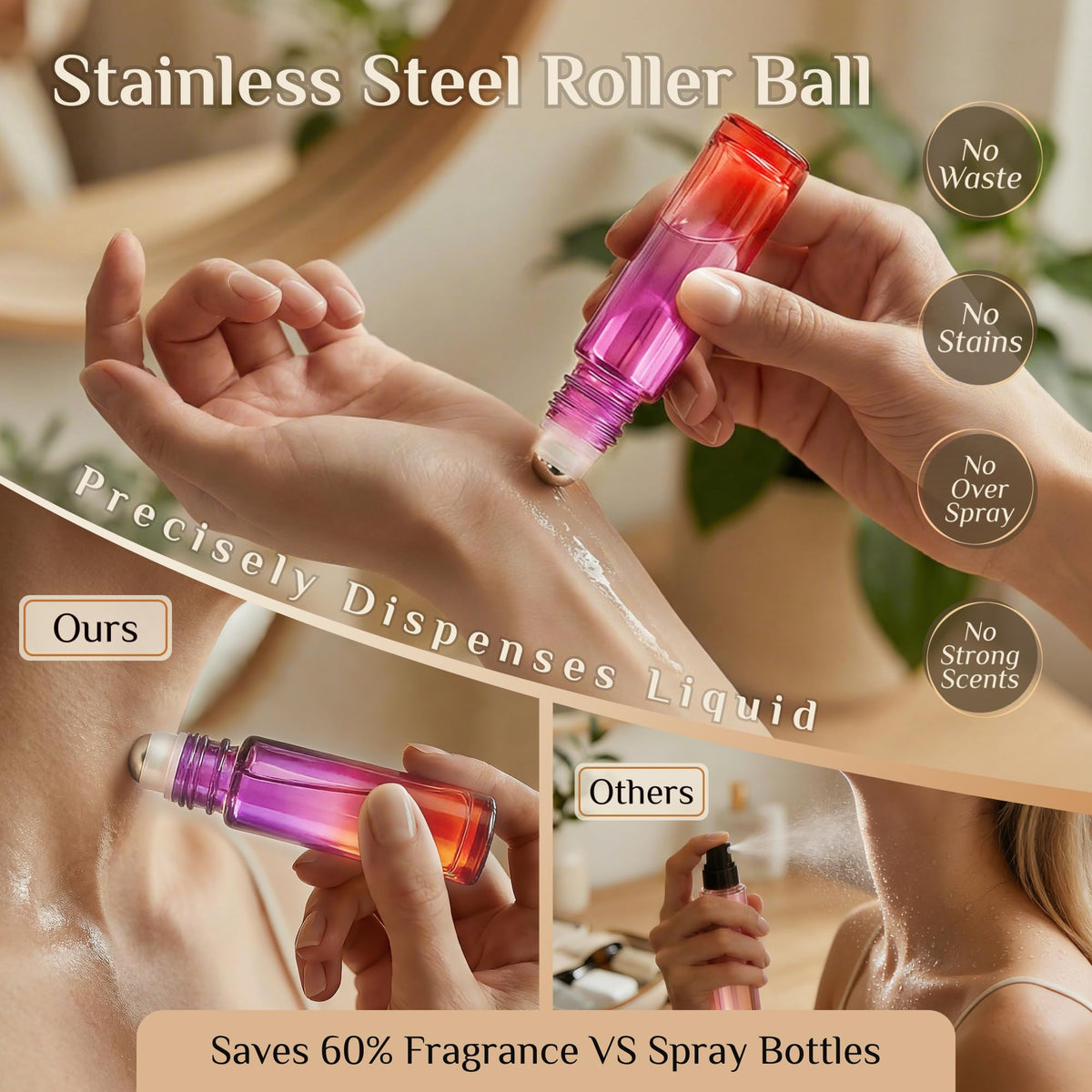PrettyCare roller bottle set displayed with travel accessories