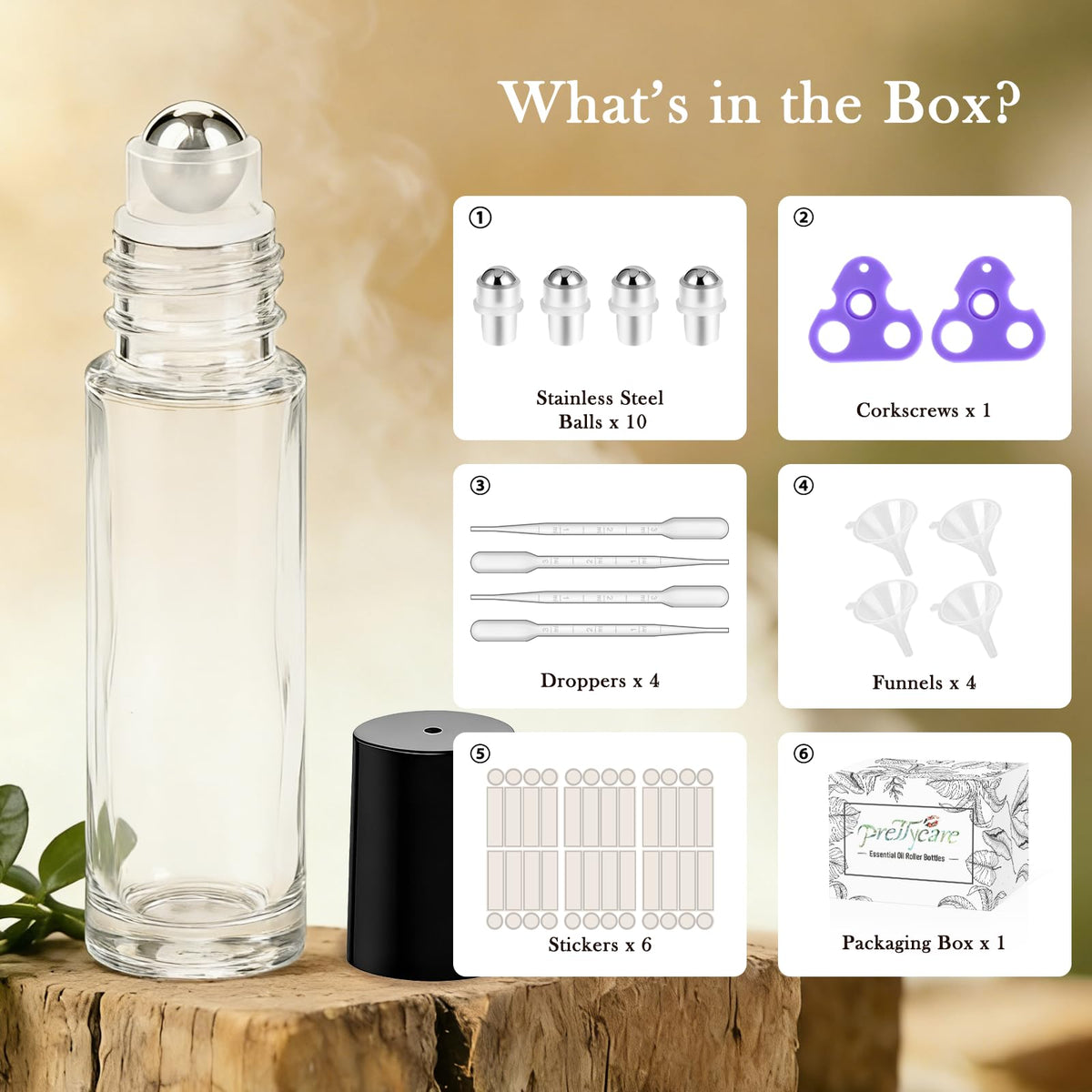 PrettyCare roller bottle with black cap and stainless steel roller ball