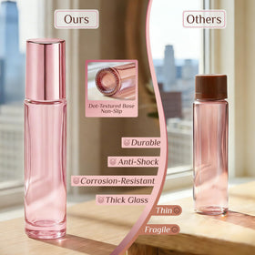 PrettyCare roller bottles displayed with essential oils