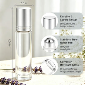 PrettyCare roller bottles with essential oils displayed on a countertop
