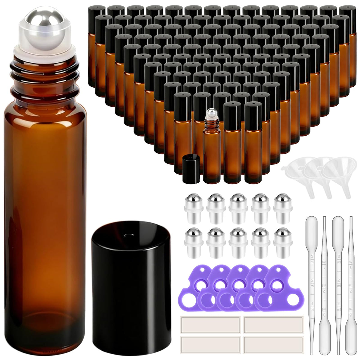 PrettyCare set of 120 amber essential oil roller bottles with accessories