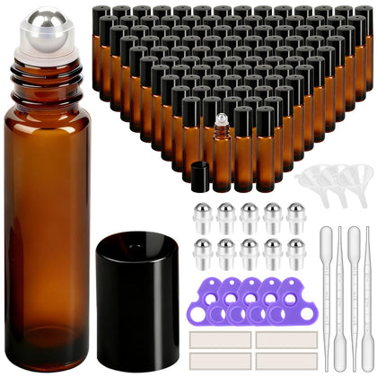 PrettyCare set of 120 amber essential oil roller bottles with accessories