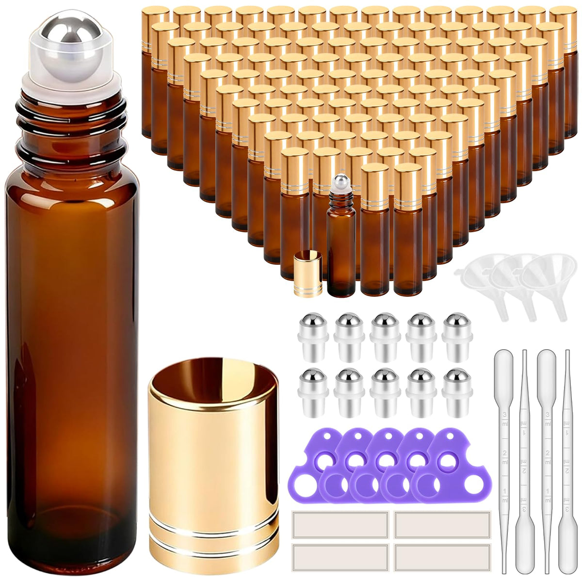 PrettyCare set of 120 amber essential oil roller bottles with golden caps