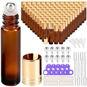 PrettyCare set of 120 amber essential oil roller bottles with golden caps