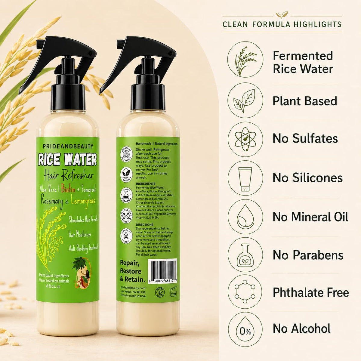 PRIDE AND BEAUTY Fermented Rice Water Hair Refresher with aloe vera background