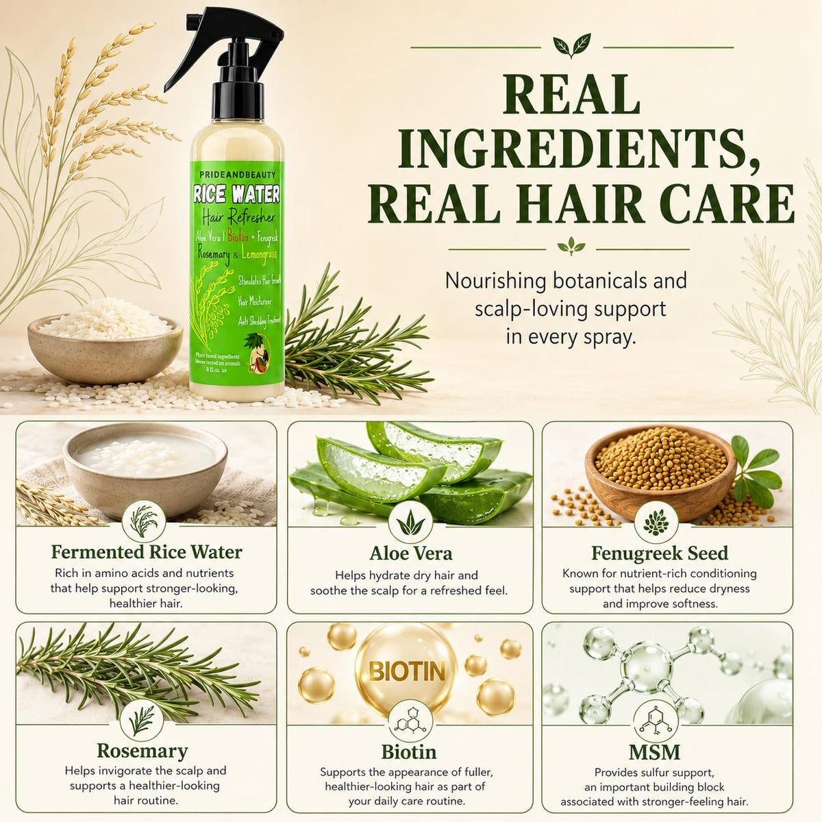 PRIDE AND BEAUTY Fermented Rice Water Hair Refresher with rosemary and biotin ingredients
