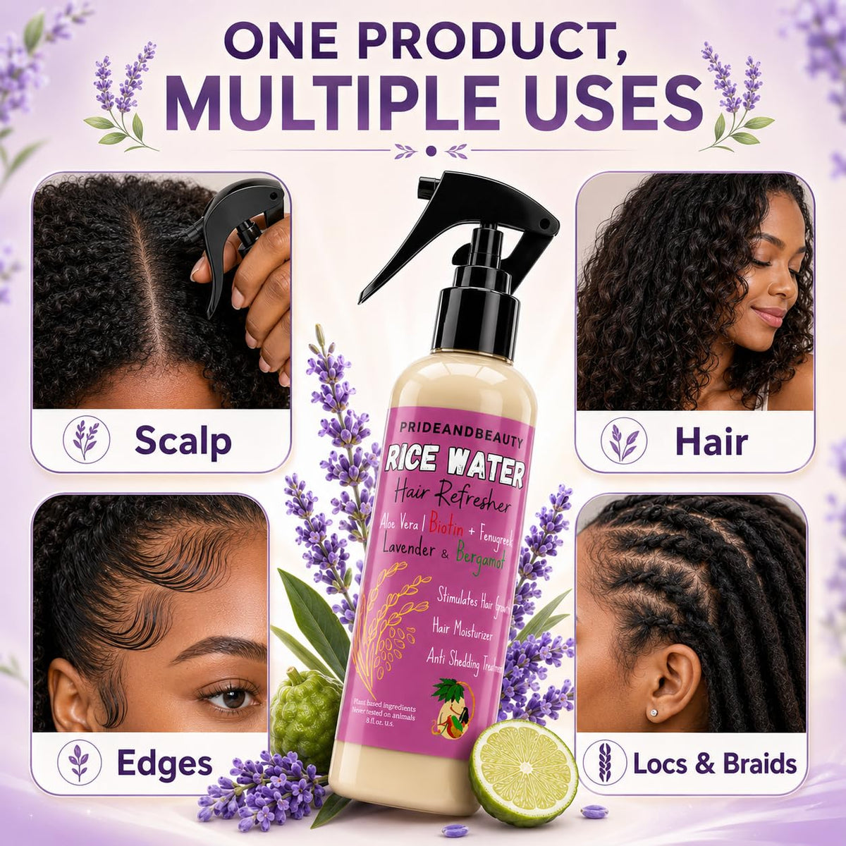 PRIDE AND BEAUTY HAIR Fermented Rice Water Spray 4oz with lavender bergamot scent