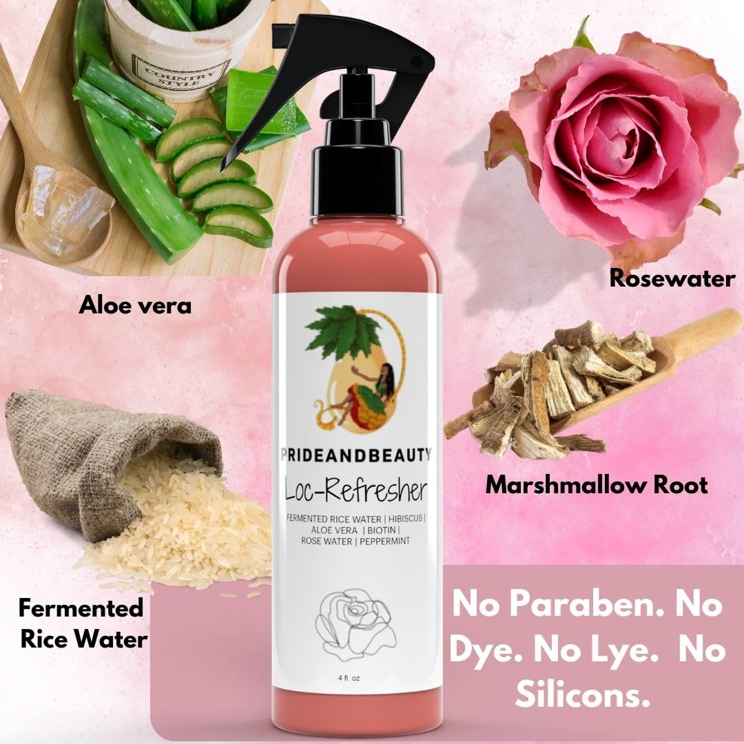 PRIDE AND BEAUTY HAIR + SKIN RESTORATION Rose Water & Peppermint Loc Spray with aloe and hibiscus ingredients
