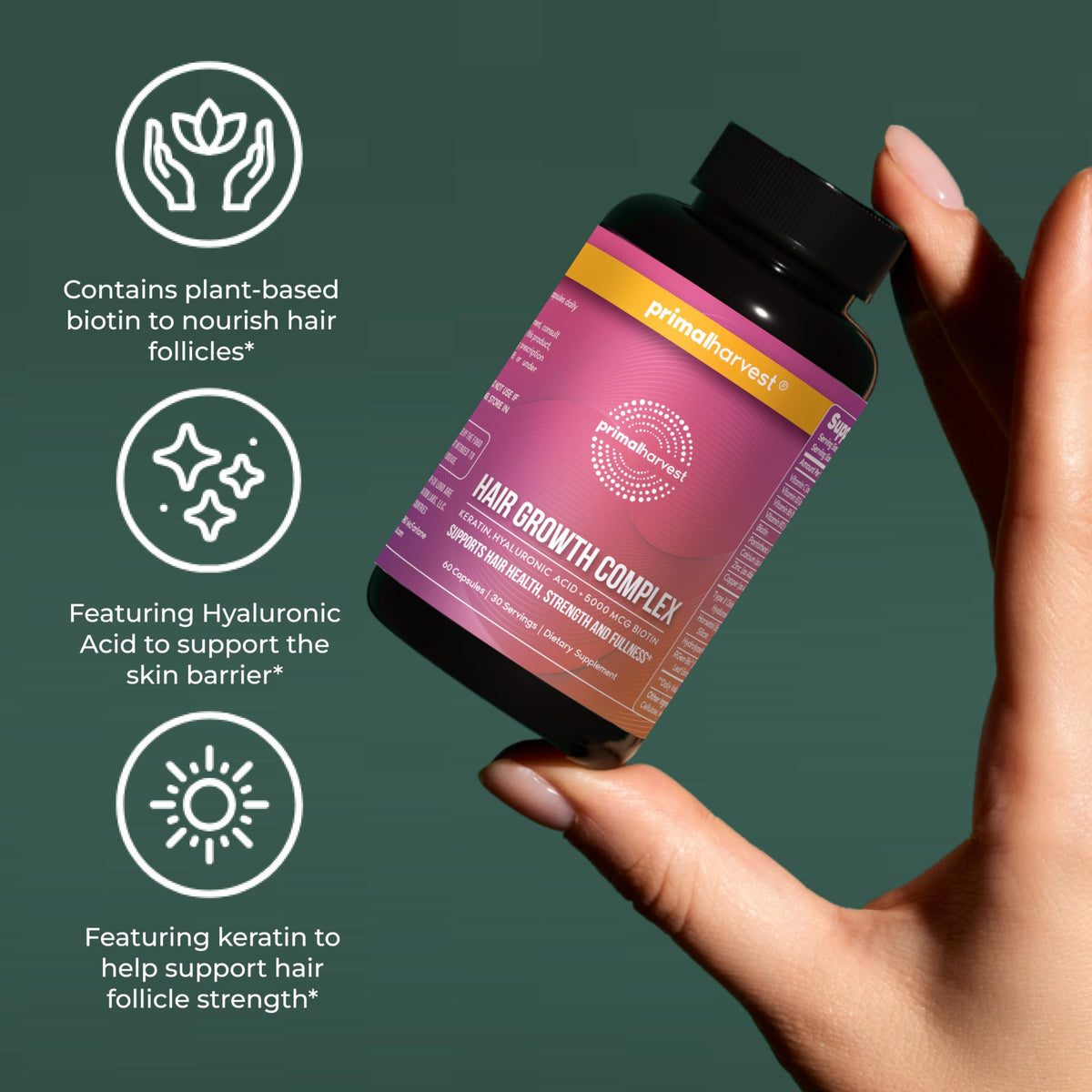 Primal Harvest Hair Growth Complex capsules on a wooden table