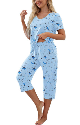 PrinStory Womens Pajama Set Capri PJs relaxed fit on model
