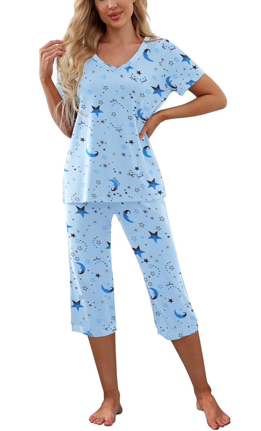 PrinStory Womens Pajama Set Capri PJs side view showcasing pockets