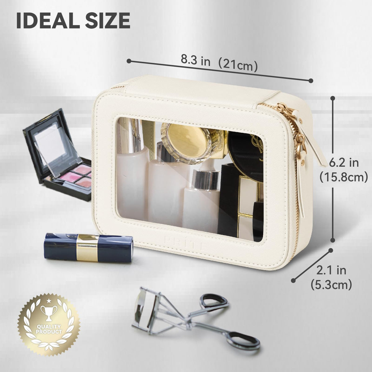 Prite Clear Makeup Bag open view displaying organized cosmetics