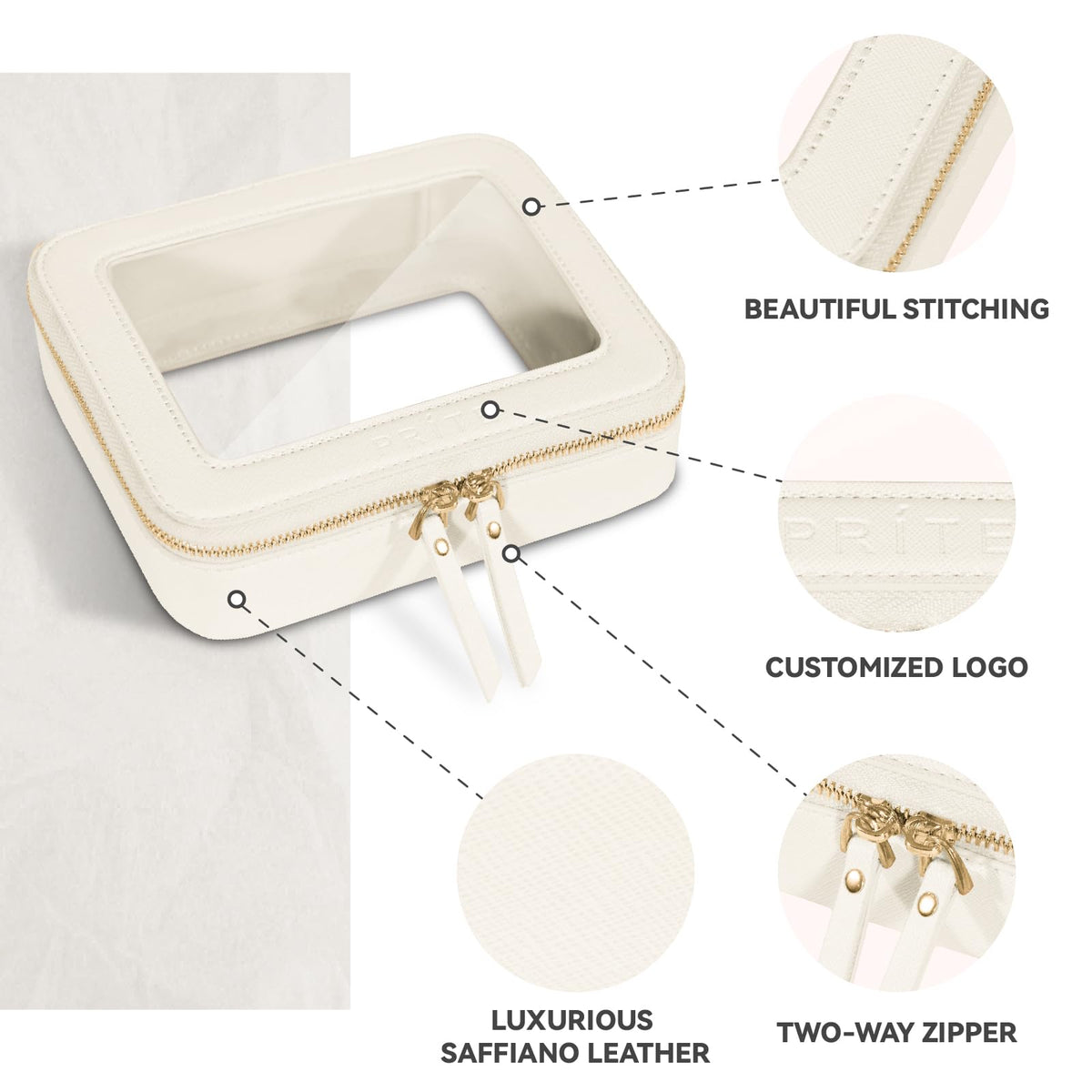 Prite Clear Makeup Bag Set side view highlighting metal zipper