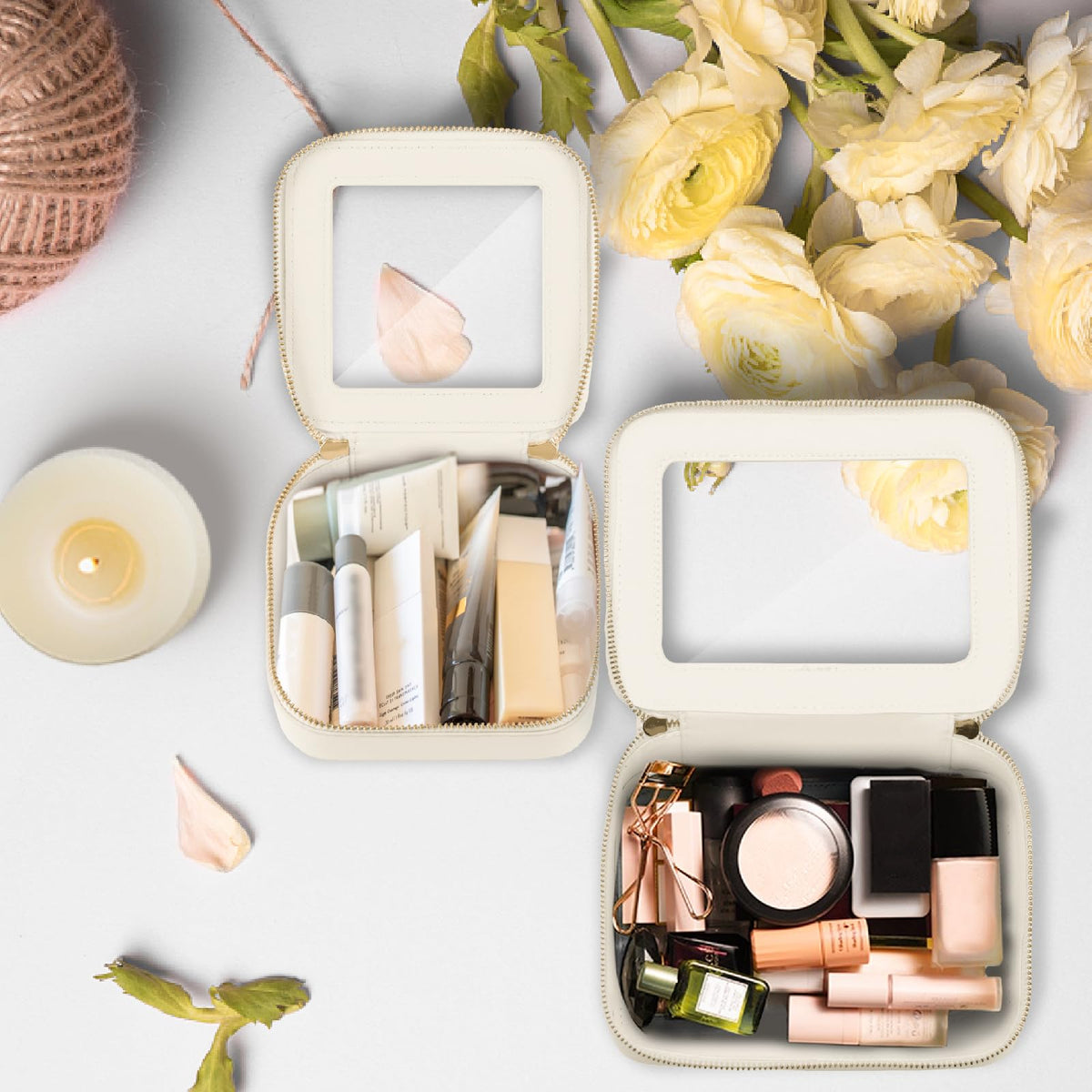 Prite Clear Makeup Bag Set with cosmetics arranged inside