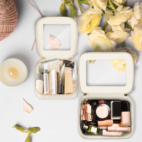 Prite Clear Makeup Bag Set with cosmetics arranged inside