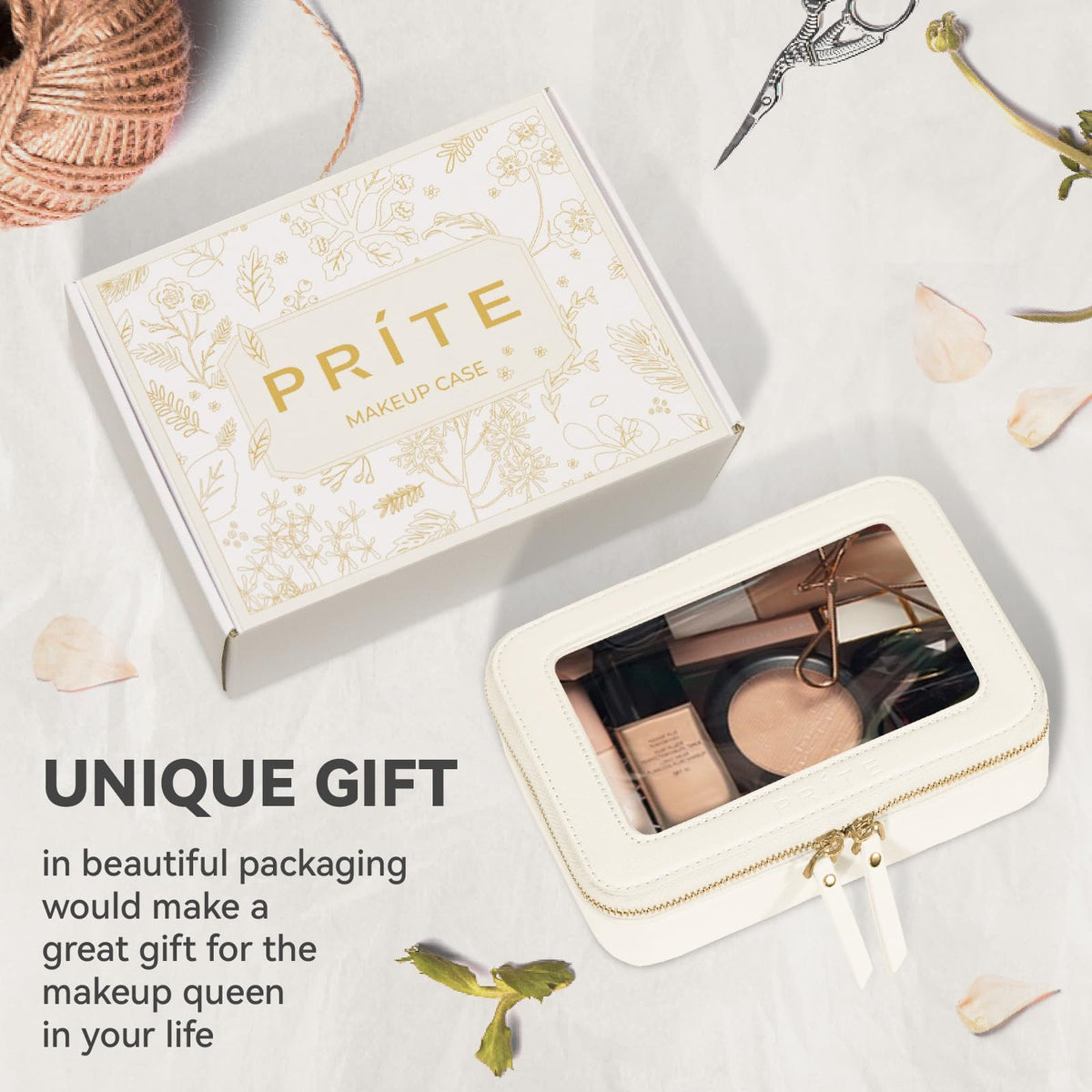 Prite Clear Makeup Bag with various cosmetics inside