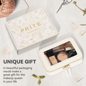 Prite Clear Makeup Bag with various cosmetics inside