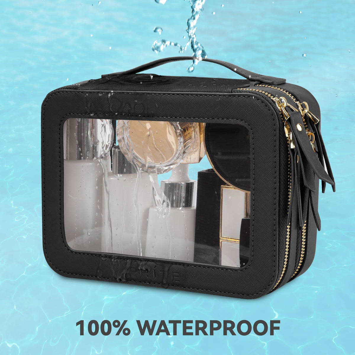 Prite Double Layer Clear Makeup Bag close-up of metal zippers