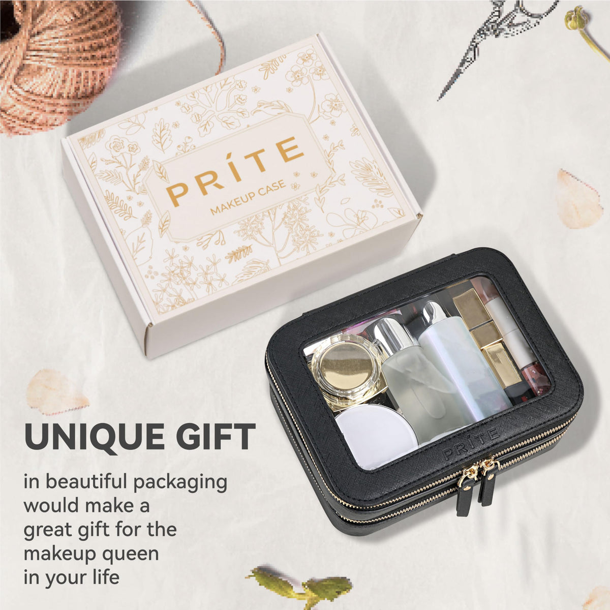 Prite Double Layer Clear Makeup Bag lifestyle scene with travel items