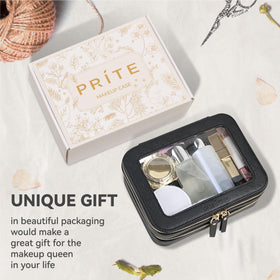 Prite Double Layer Clear Makeup Bag lifestyle scene with travel items