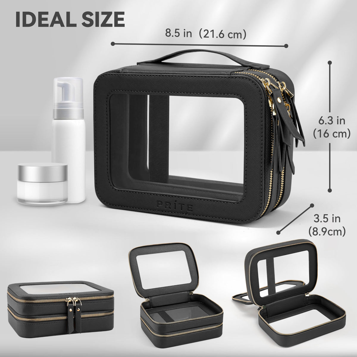 Prite Double Layer Clear Makeup Bag open view with cosmetics inside