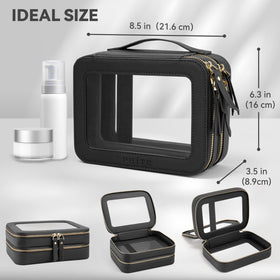Prite Double Layer Clear Makeup Bag open view with cosmetics inside