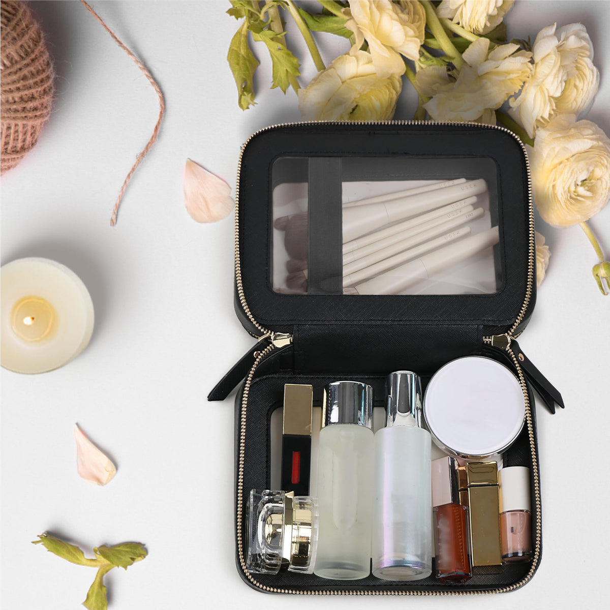 Prite Double Layer Clear Makeup Bag side view showcasing PU leather material