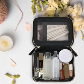 Prite Double Layer Clear Makeup Bag side view showcasing PU leather material