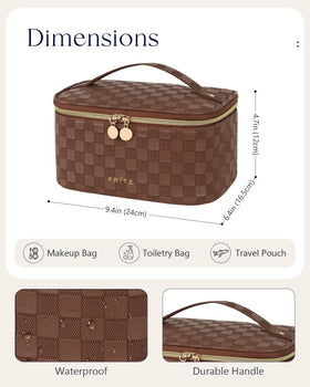 Prite Makeup Bag displayed on vanity with beauty products