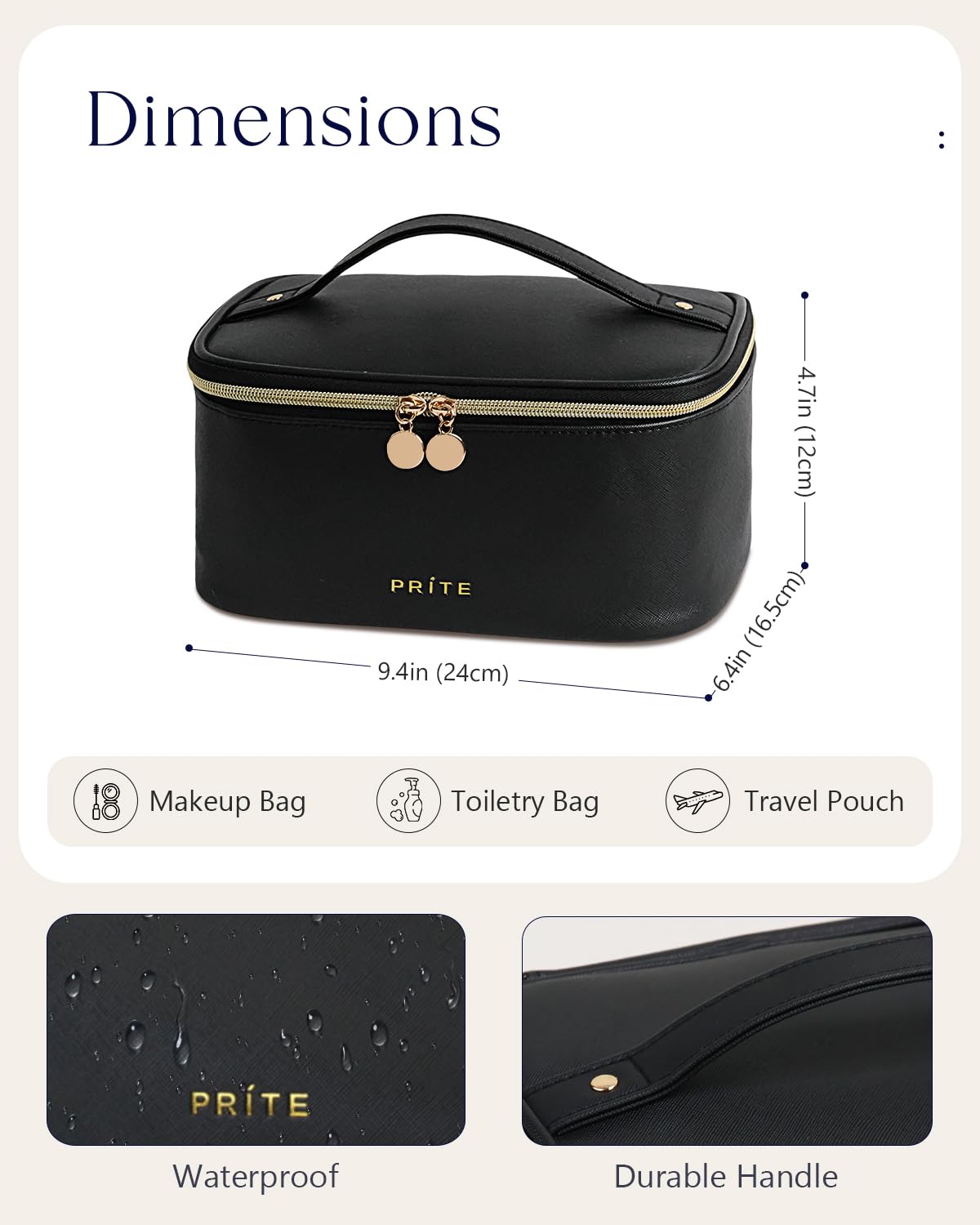 Prite Makeup Bag displayed with travel essentials and cosmetics