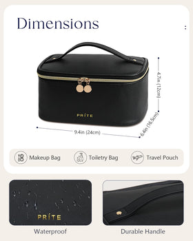 Prite Makeup Bag displayed with travel essentials and cosmetics