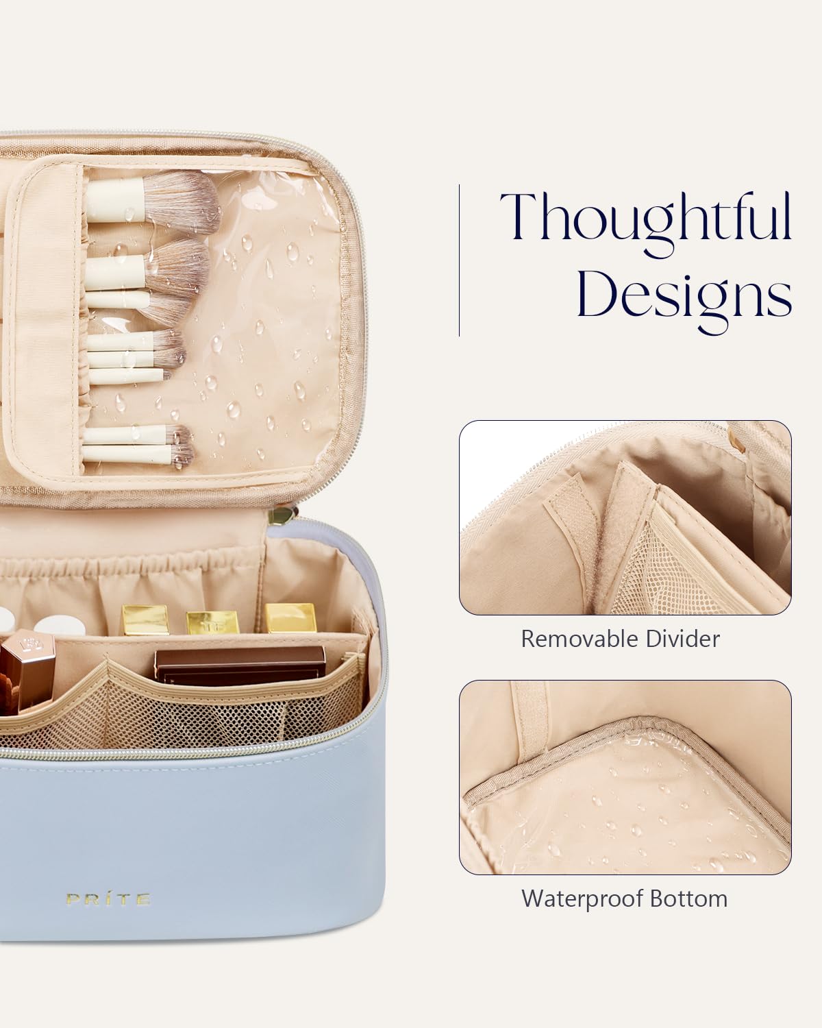 Prite Makeup Bag displaying adjustable Velcro dividers