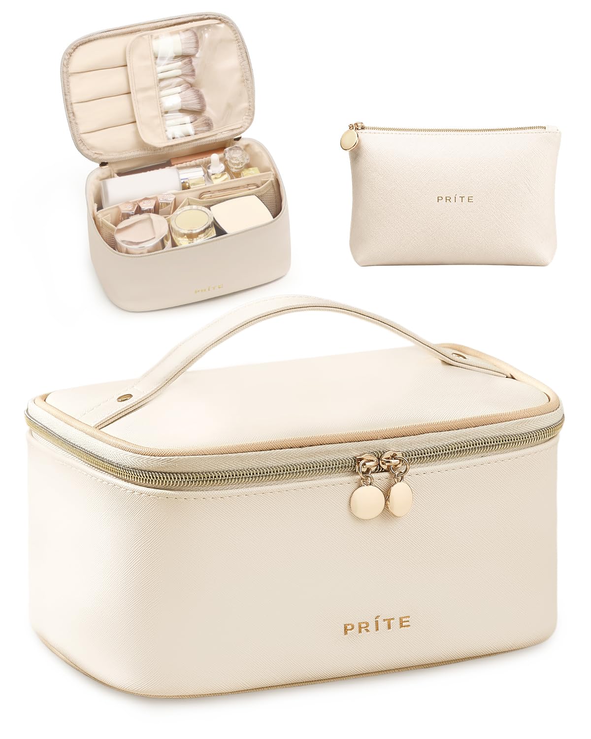 Prite Makeup Bag front view in beige with zipper