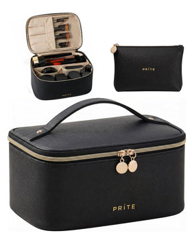 Prite Makeup Bag front view in black vegan leather