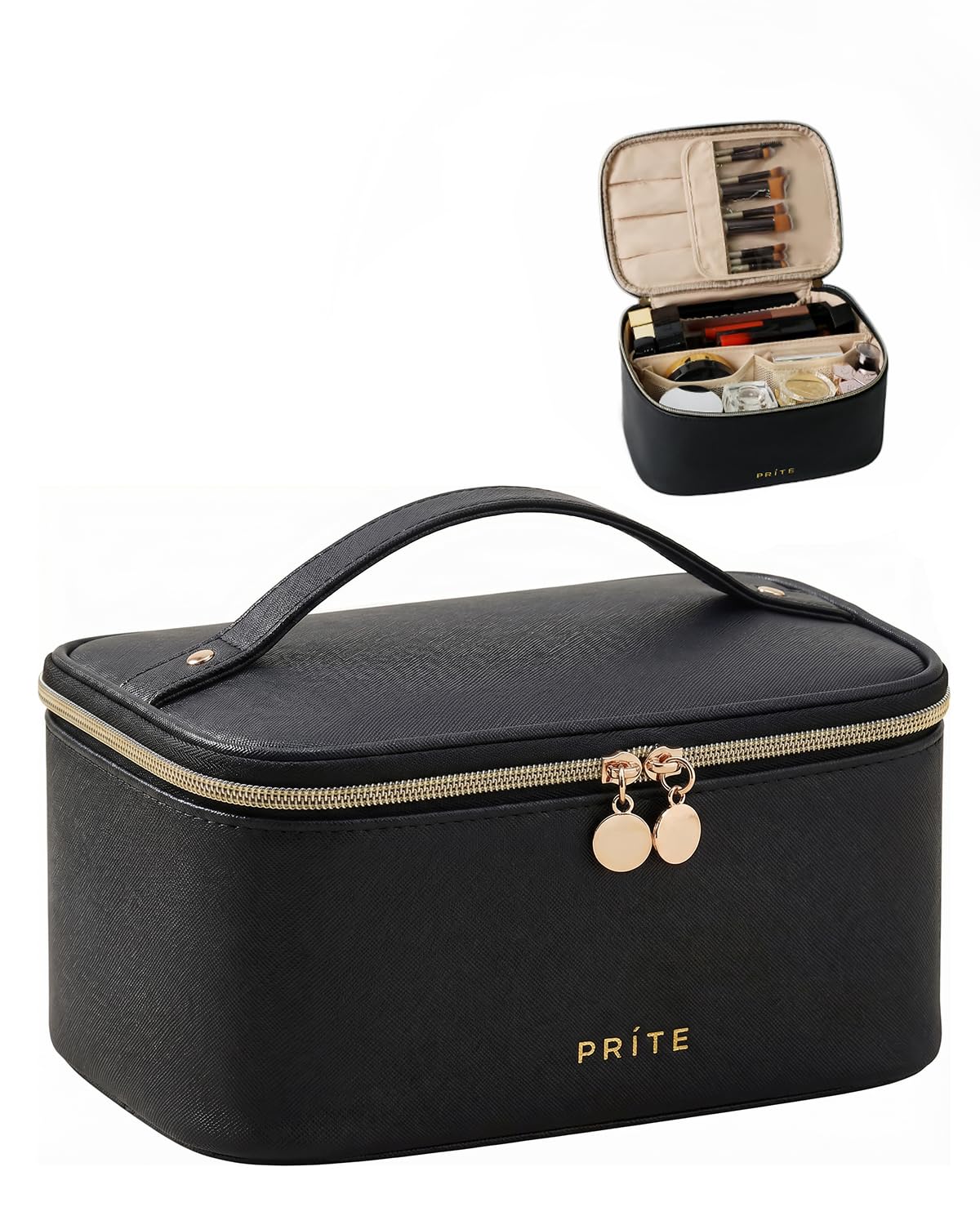 Prite Makeup Bag front view in black with spacious compartments