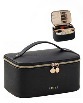Prite Makeup Bag front view in black with spacious compartments