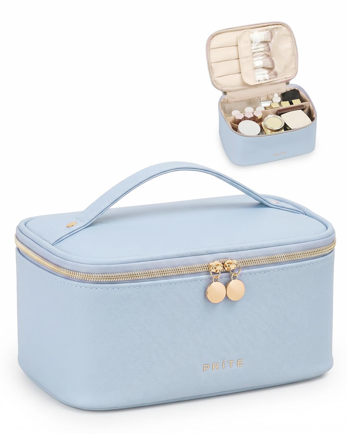 Prite Makeup Bag front view in blue with zipper