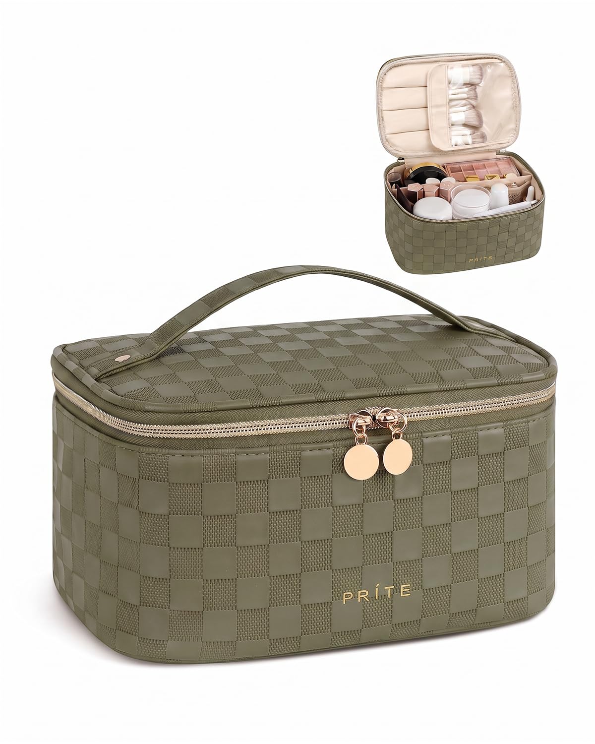 Prite Makeup Bag front view in checkered green