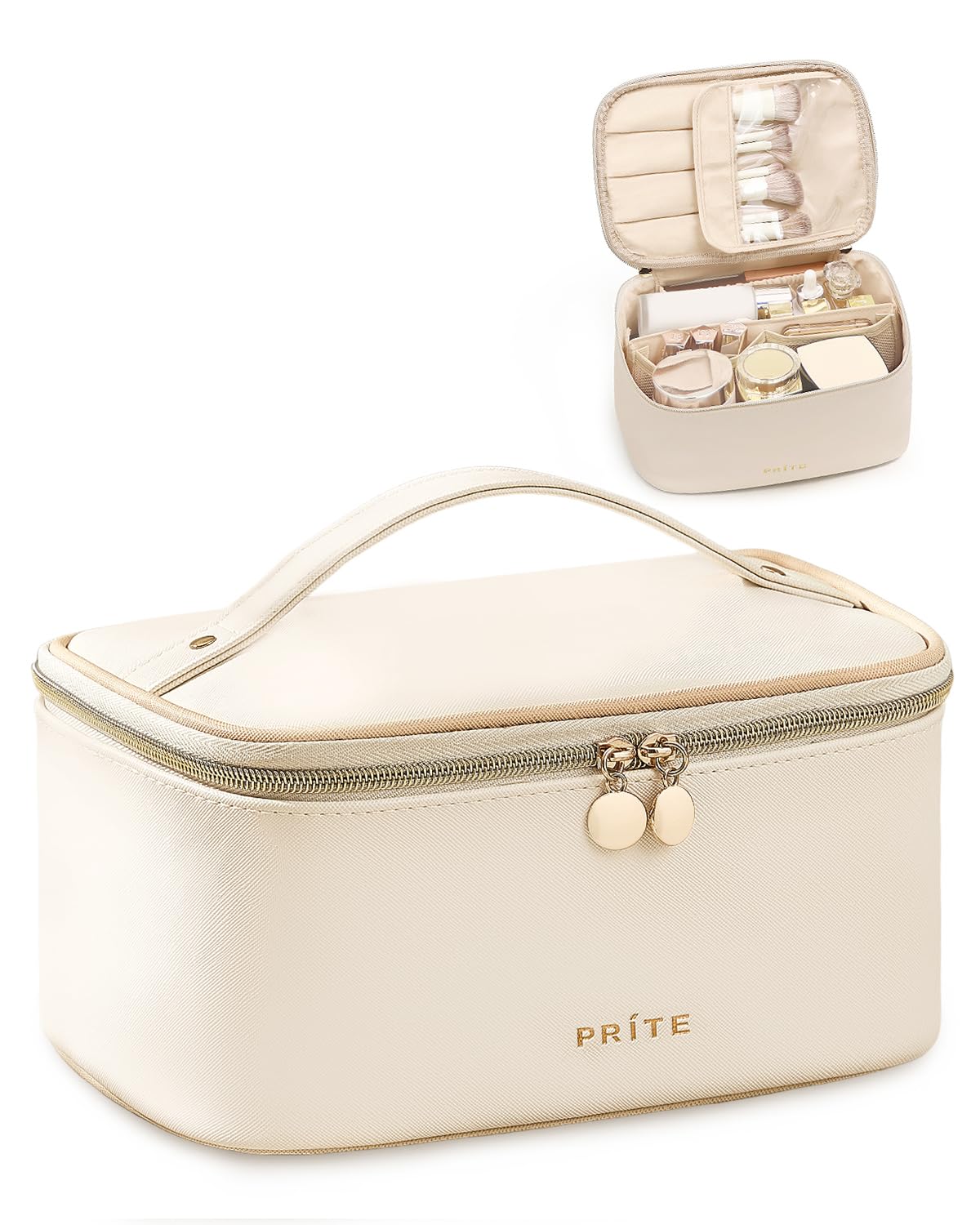 Prite Makeup Bag in beige, front view with zipper