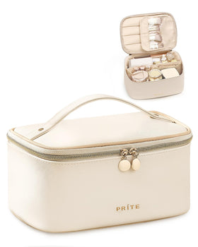 Prite Makeup Bag in beige, front view with zipper