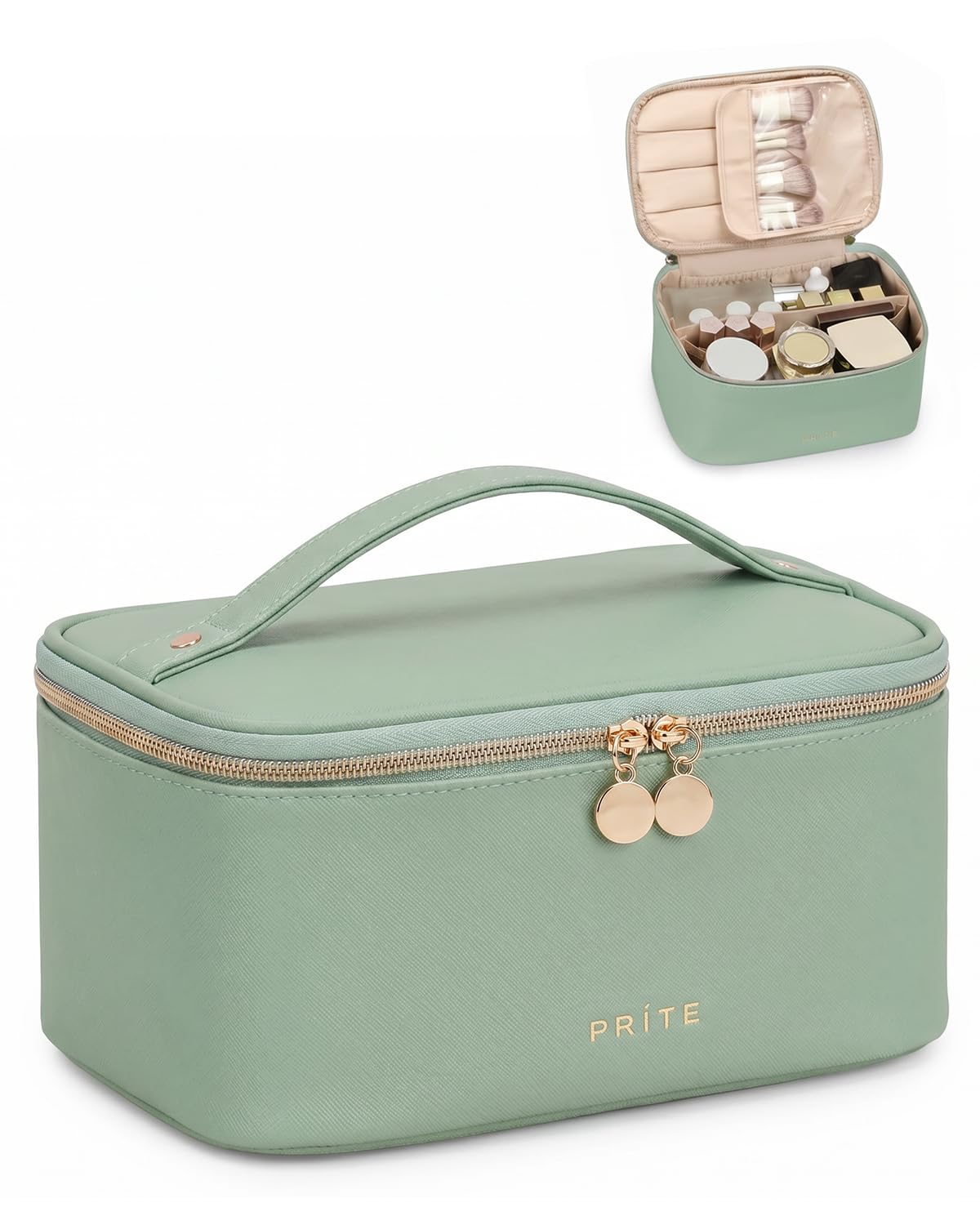 Prite Makeup Bag in green, front view showcasing spacious design