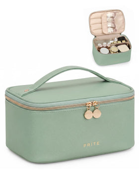 Prite Makeup Bag in green, front view showcasing spacious design
