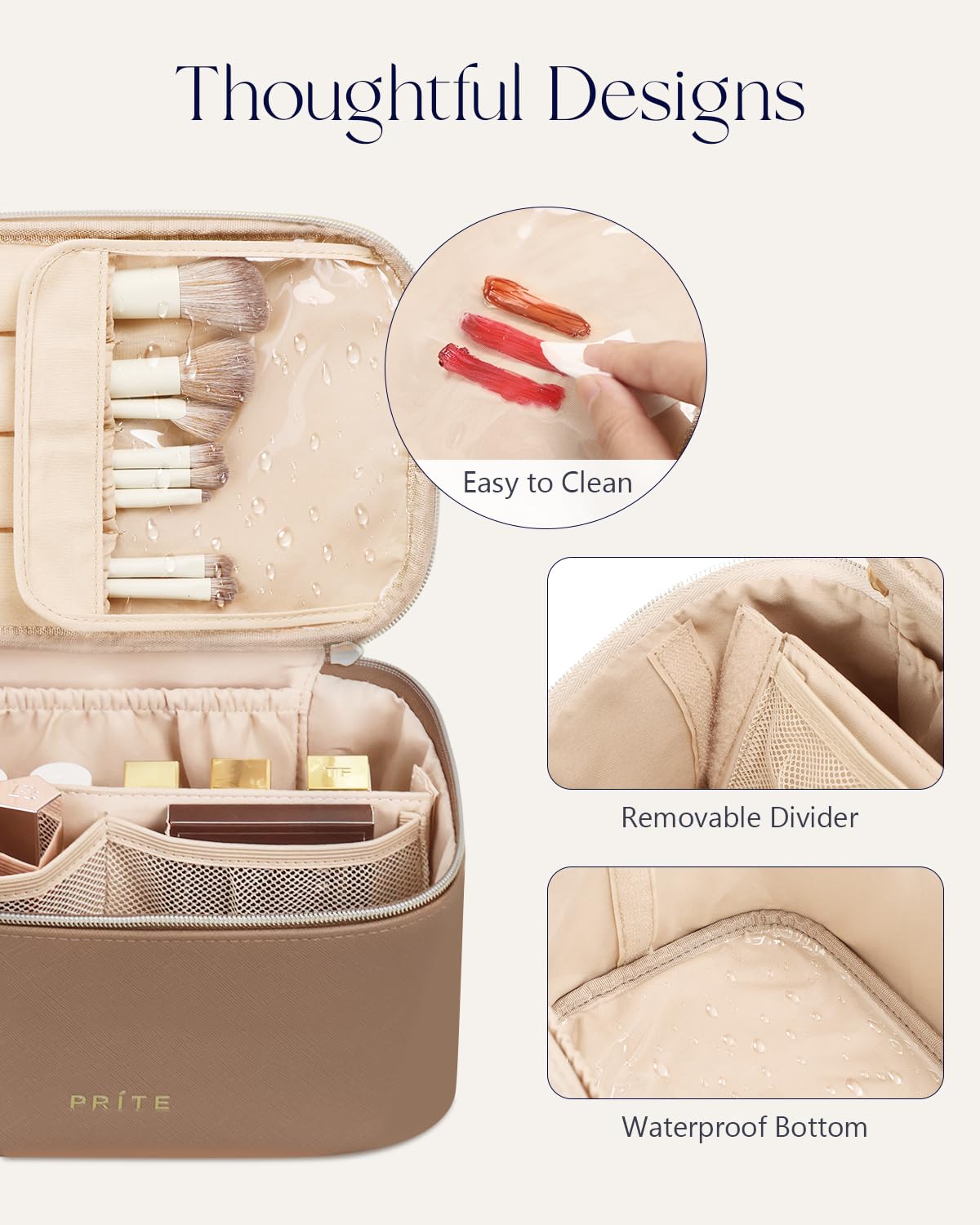 Prite Makeup Bag in use on a vanity countertop with beauty products