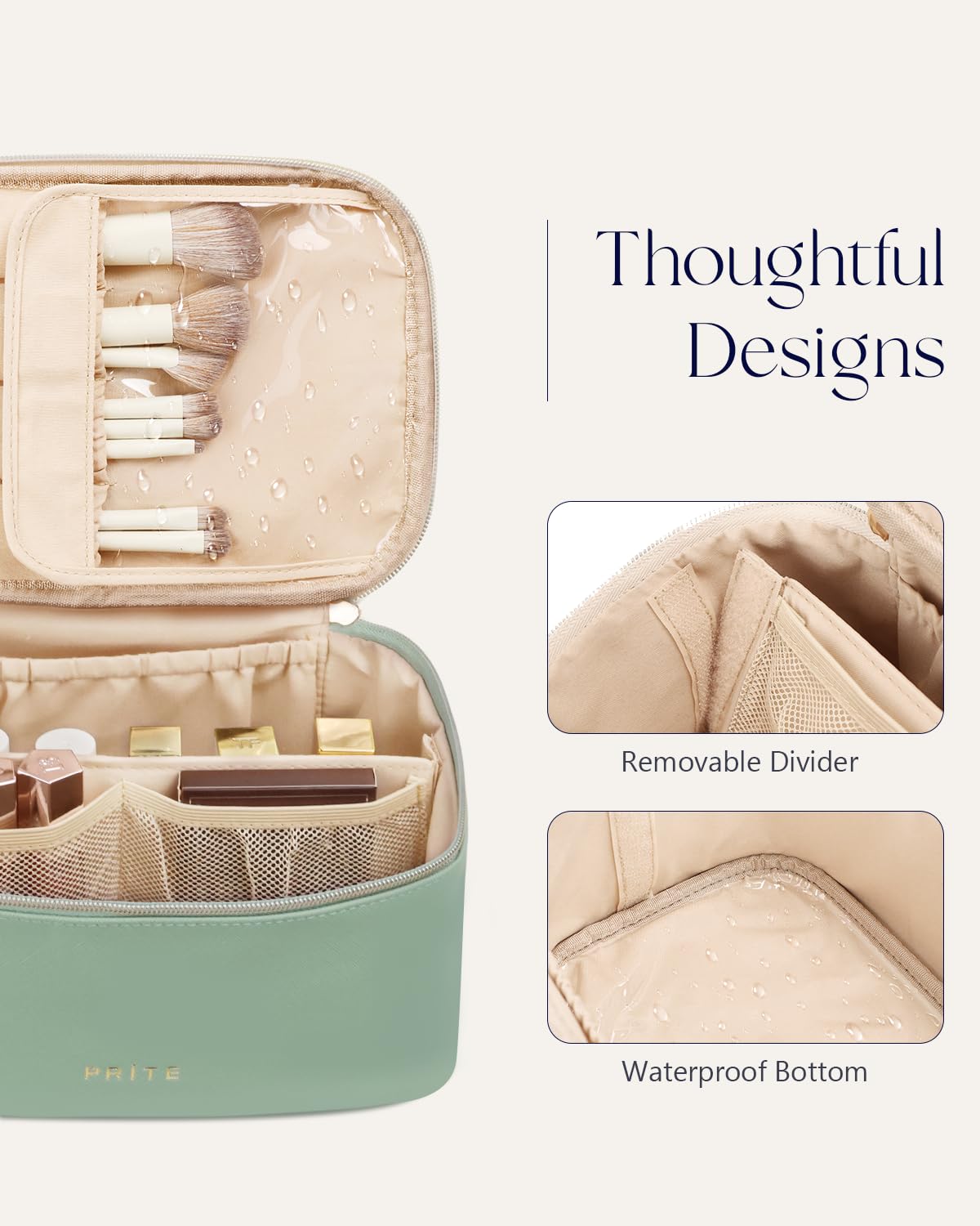 Prite Makeup Bag on a vanity, demonstrating its spaciousness